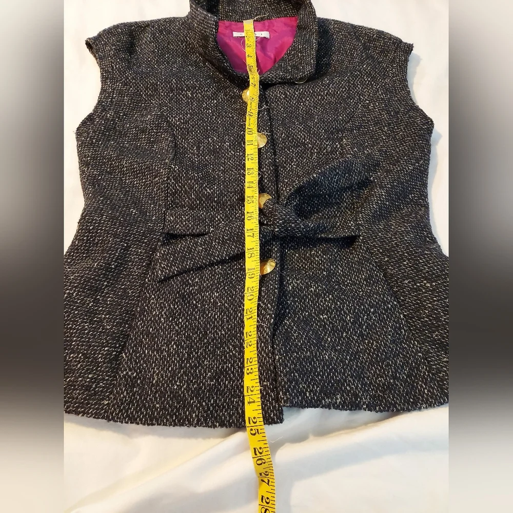 CAbi Tie Front Wool Blend Lined Tweed Vest With Gold Butons - Black/Pink - Picture 7 of 10